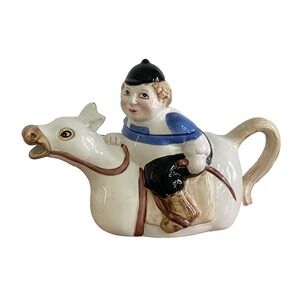 Vintage Jockey Riding Horse Teapot Hand Painted Myasaky Created Teapot 1990